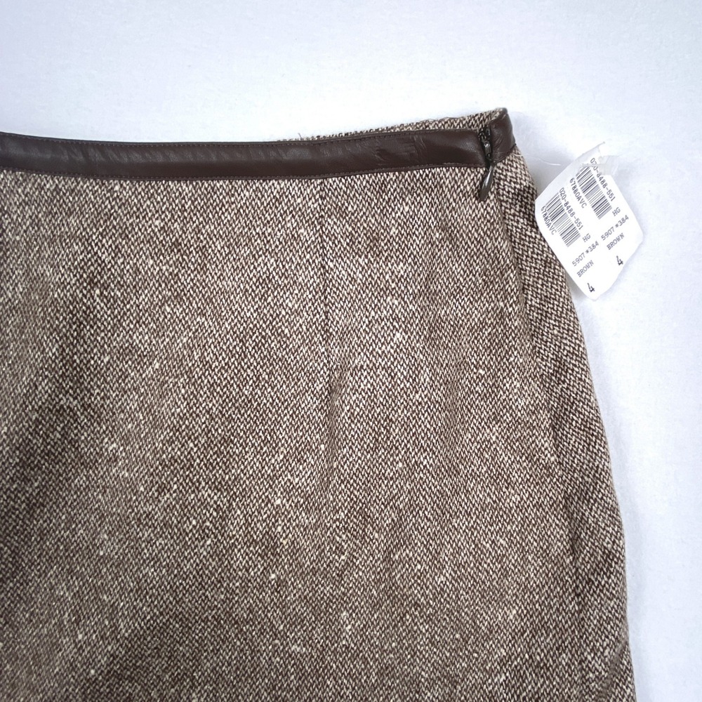 Harold's Brown Tweed Wool Silk Blend Flared Midi Skirt Leather Trim NWT Size 4 - Picture 3 of 8